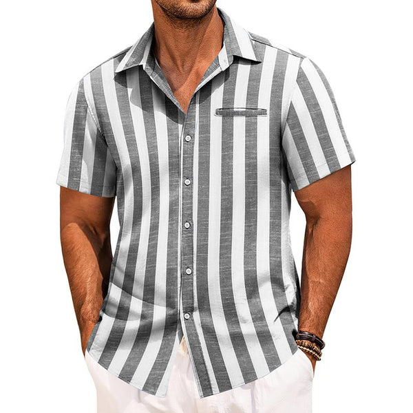 Men's Striped Single Breasted Lapel Short Sleeve Shirt 12154623X