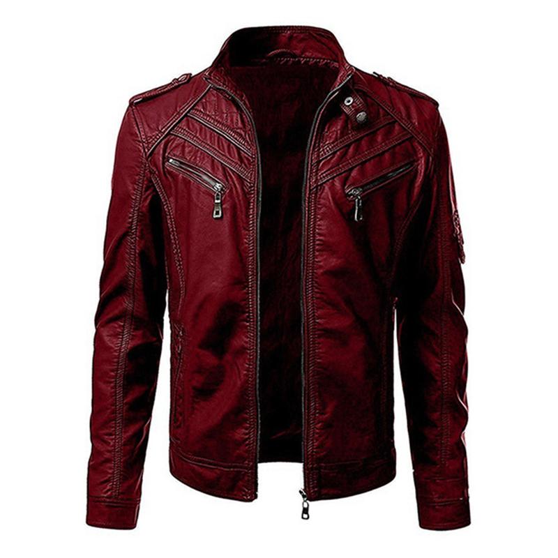 Men's Vintage Patchwork Stand Collar Zipper Leather Biker Jacket 98356078M