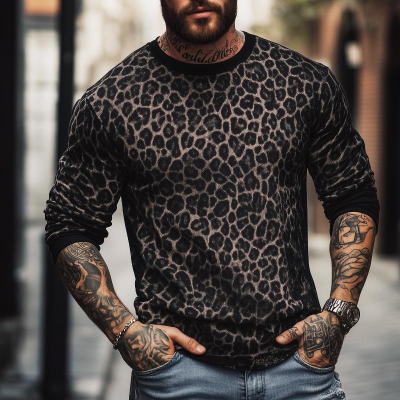 【24-hour shipping】Men's Retro Casual Leopard Print Round Neck Colorblock Long Sleeve T-Shirt 79123683TO