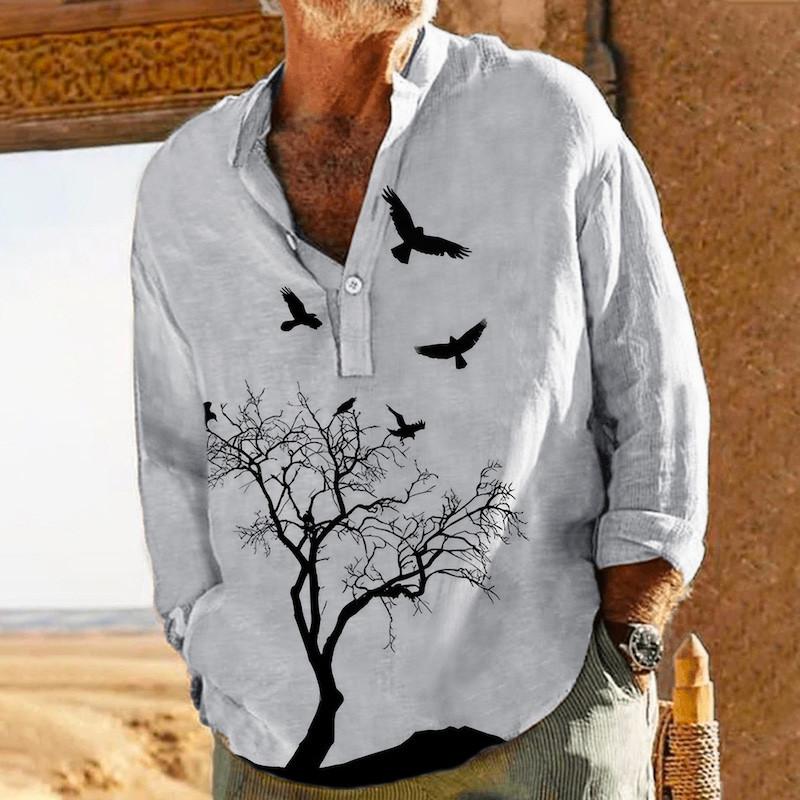 Camicia a maniche lunghe con colletto Henley e stampa albero vintage da uomo 87757900Y