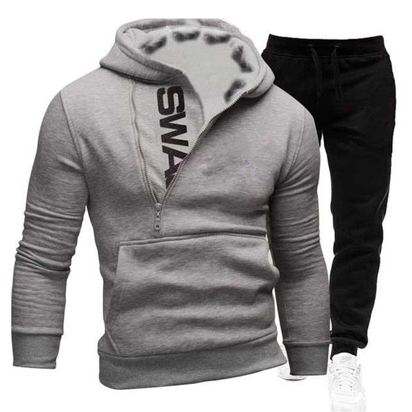 Men's Pullover Side Zipper Contrast Color Hooded Sweatshirt Trousers Set 75688829X
