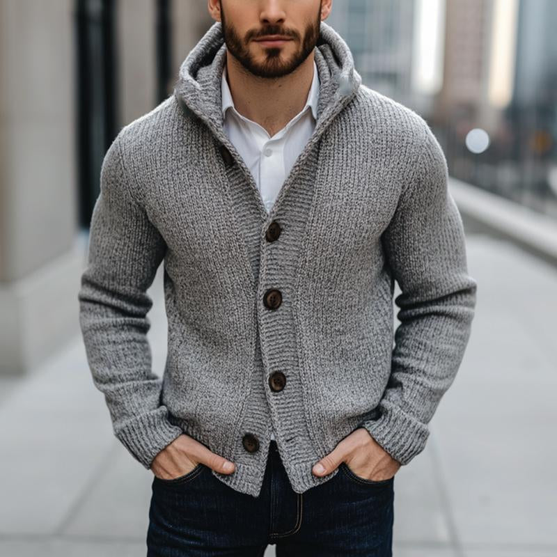 Men's Light Grey Hooded Button Knit Cardigan 75948055U