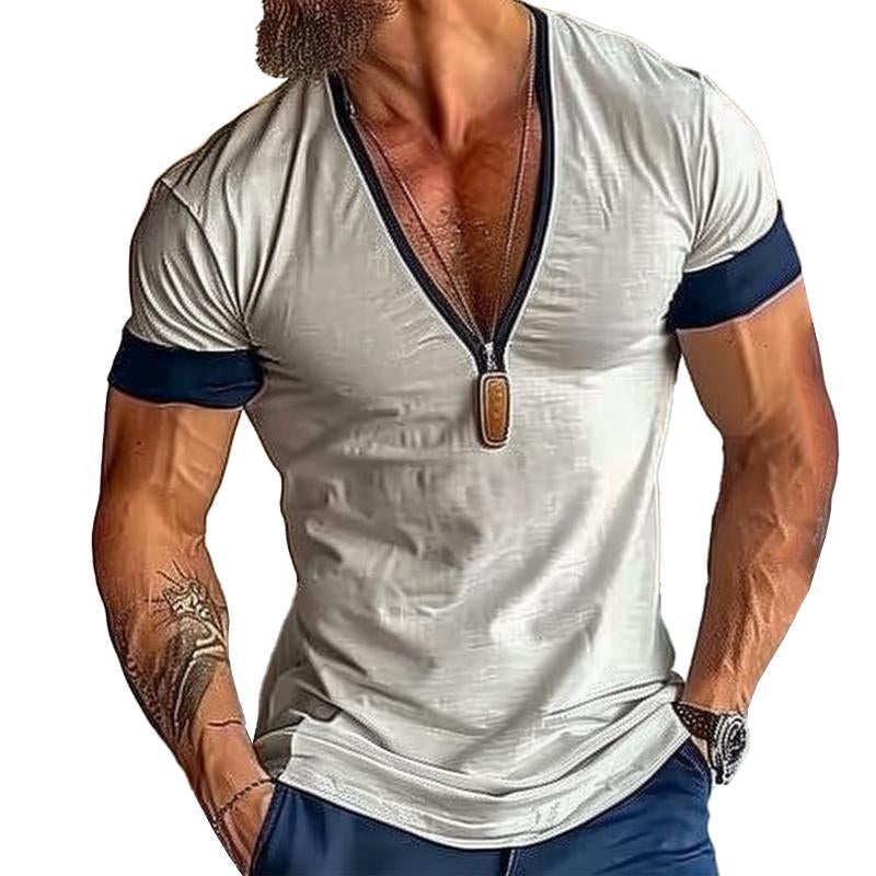 T-shirt a maniche corte da uomo casual in misto cotone colorblock con scollo a V 73425469M