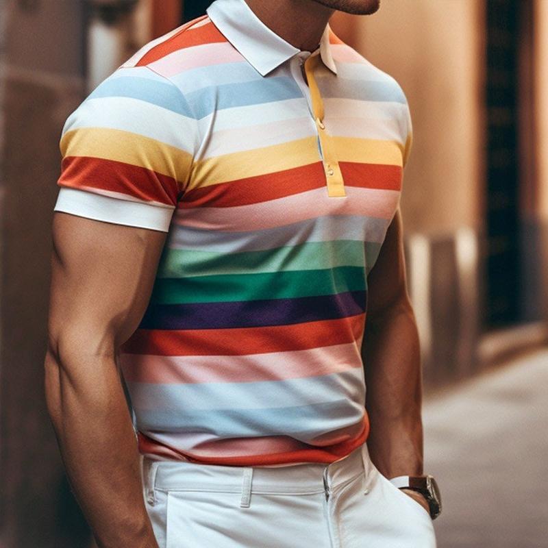 Men's Stripe Print Short Sleeve Lapel Polo Shirt 56376055X