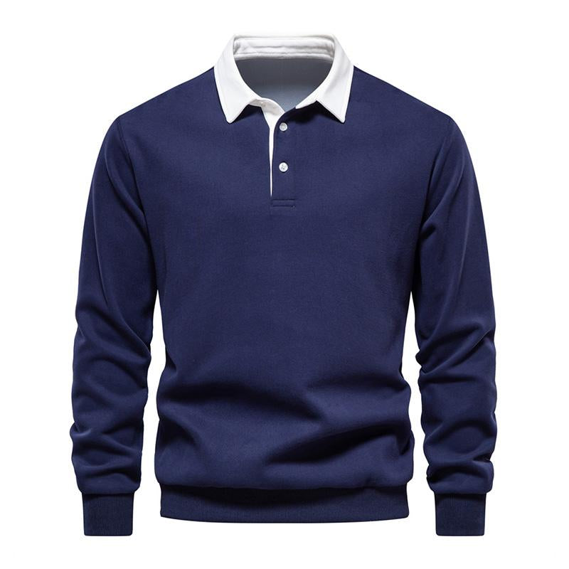 Men's Casual Color Contrasting Lapel Loose Long Sleeve Polo Shirt 72890642M