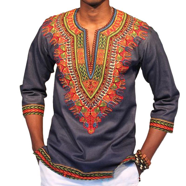 Men's Casual Ethnic Printed V-Neck Long Sleeve T-Shirt 22520027Y