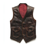 Men's Vintage Leather V-Neck Single Breasted Slim Fit Vest 22523774M