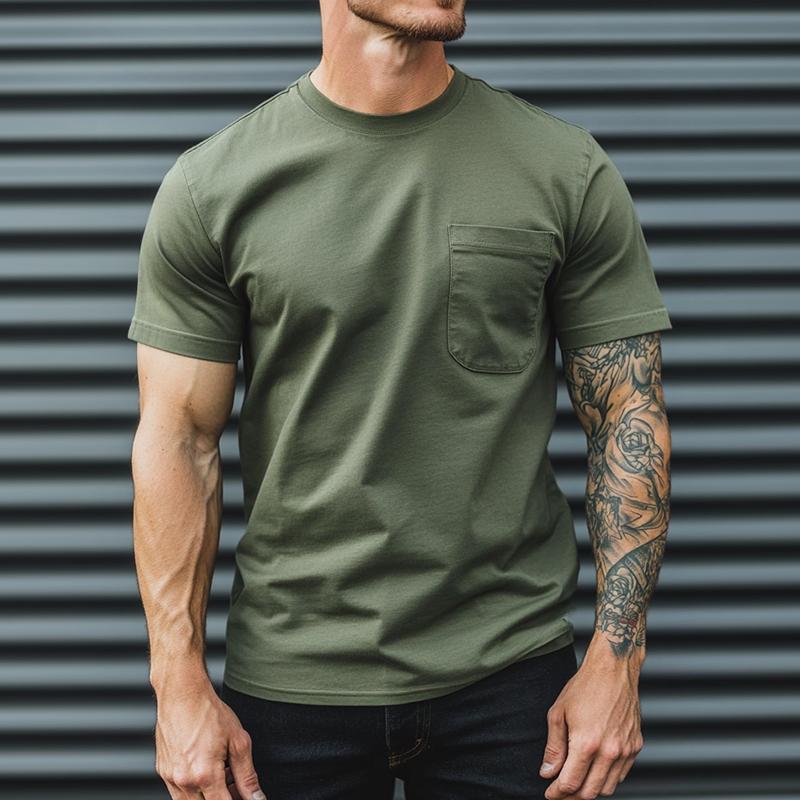 Men's Retro Casual Round Neck Pocket Short Sleeve T-Shirt 19097694TO