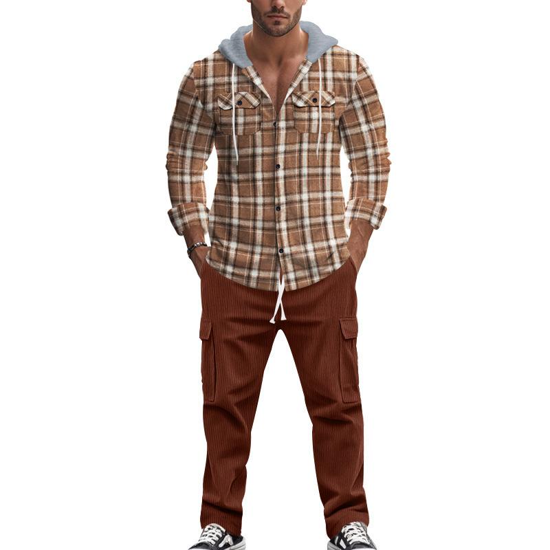 Men's Casual Hooded Flannel Long Sleeve Shirt Corduroy Casual Pants Set 80387542K