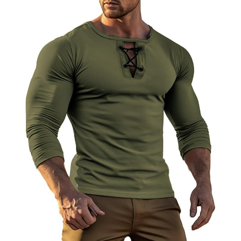 Men's Casual Solid Color Strappy Round Neck Long Sleeve T-Shirt 72584461Y