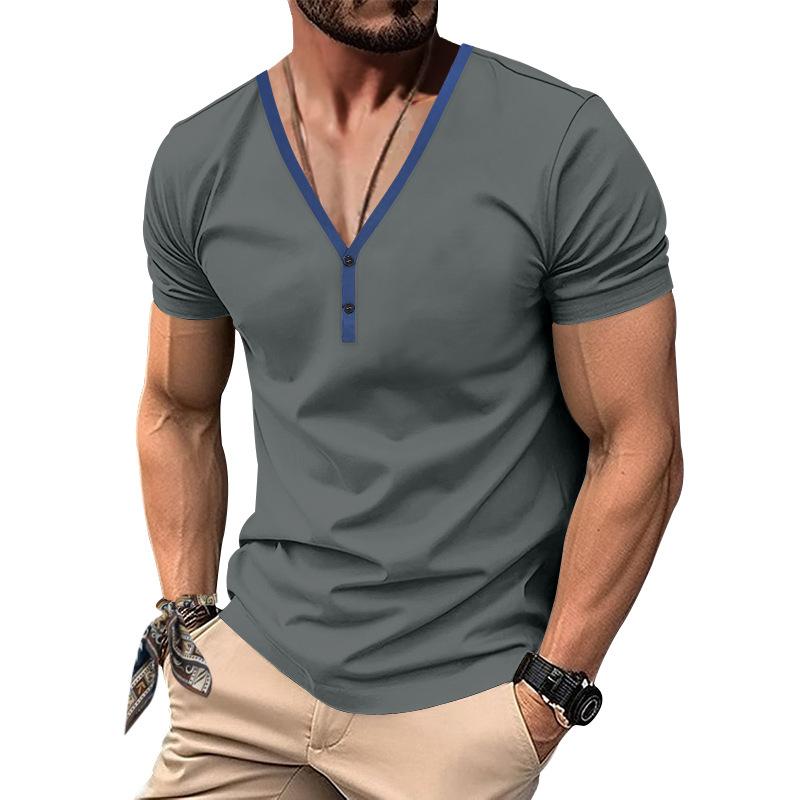 Men's Casual Colorblock V-neck Breathable Slim Short-sleeved T-shirt 52857966M