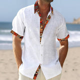 Men's Vintage Contrast Printed Lapel Short Sleeve Shirt 26925141Y