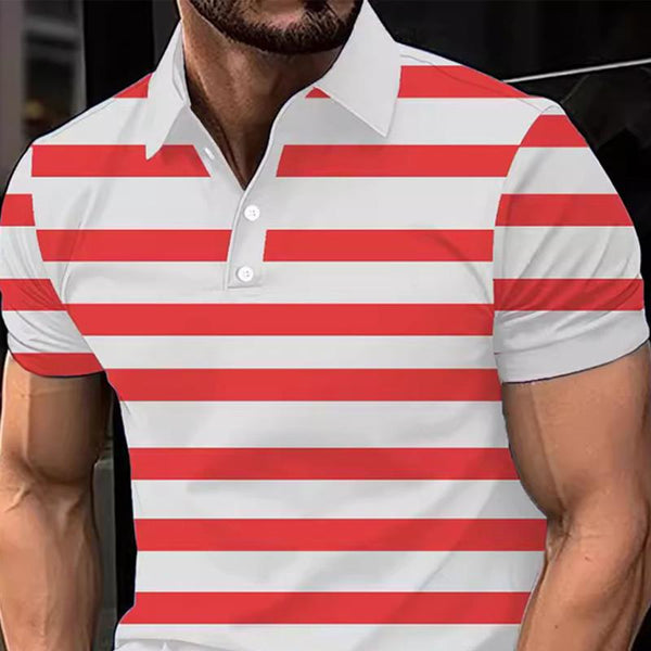 Men's Stripe Print Short Sleeve Lapel Polo Shirt 02837371X