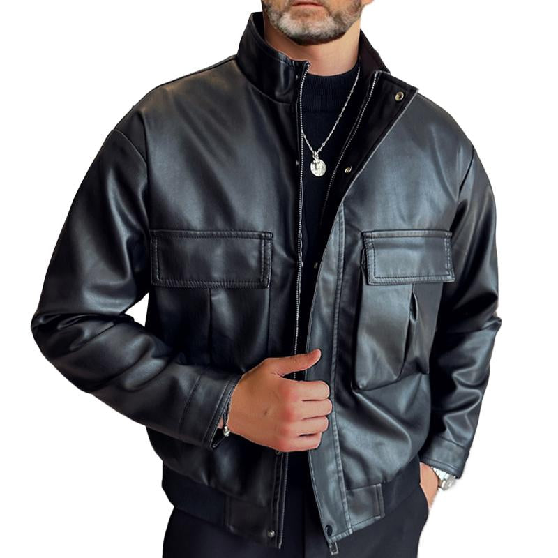 Men's Vintage Stand Collar Quilted Cotton Double Breast Pockets Warm Leather Jacket 61743602Y