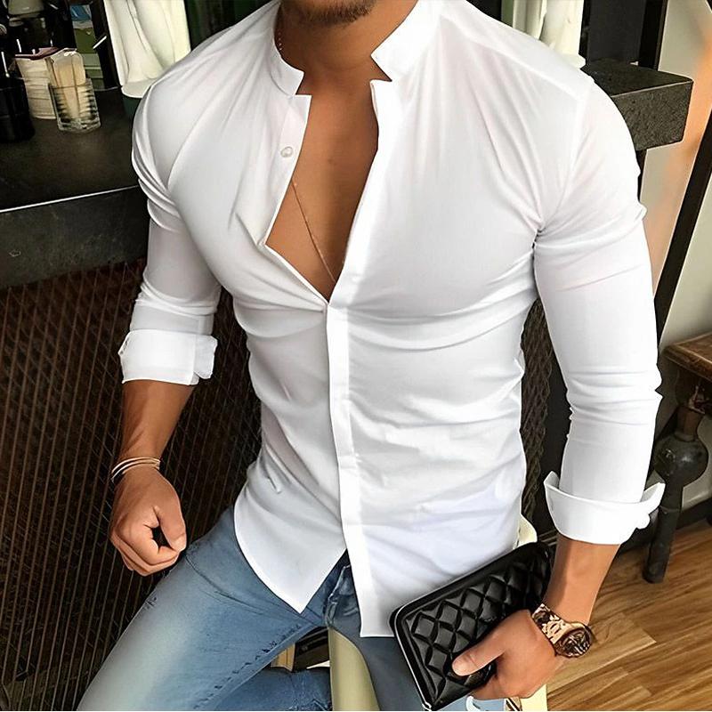 Men's Casual Fashion Solid Color Stand Collar Long Sleeve Shirt 79136189X