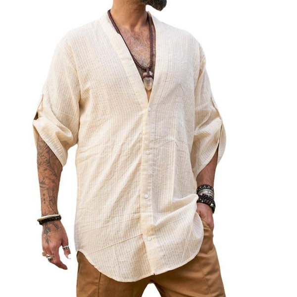 Men's Casual V-Neck Single-Breasted Loose Long-Sleeved Shirt 47704509M
