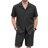 Men's Solid Color Waffle Short Sleeve Shirt And Shorts Set 68818636Y
