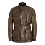 Men's Vintage Stand Collar Multi-Pocket Belt Zip Leather Safari Jacket 19094630M