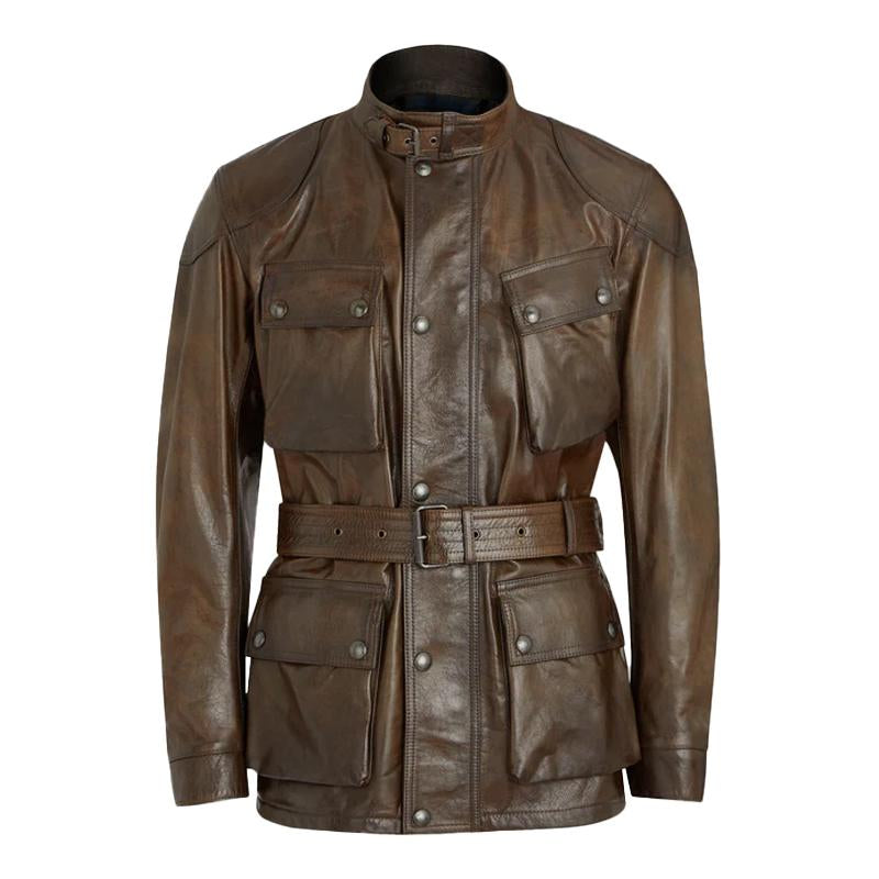 Men's Vintage Stand Collar Multi-Pocket Belt Zip Leather Safari Jacket 19094630M