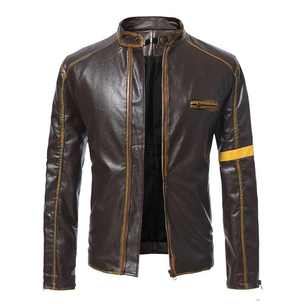 Men's Vintage Distressed Stand Collar Contrast Color Motorcycle Leather Jacket 10108770M