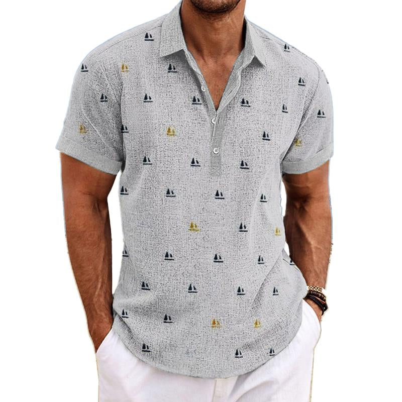 Men's Cotton and Linen Printed Lapel Short-sleeved Shirt 80351379X