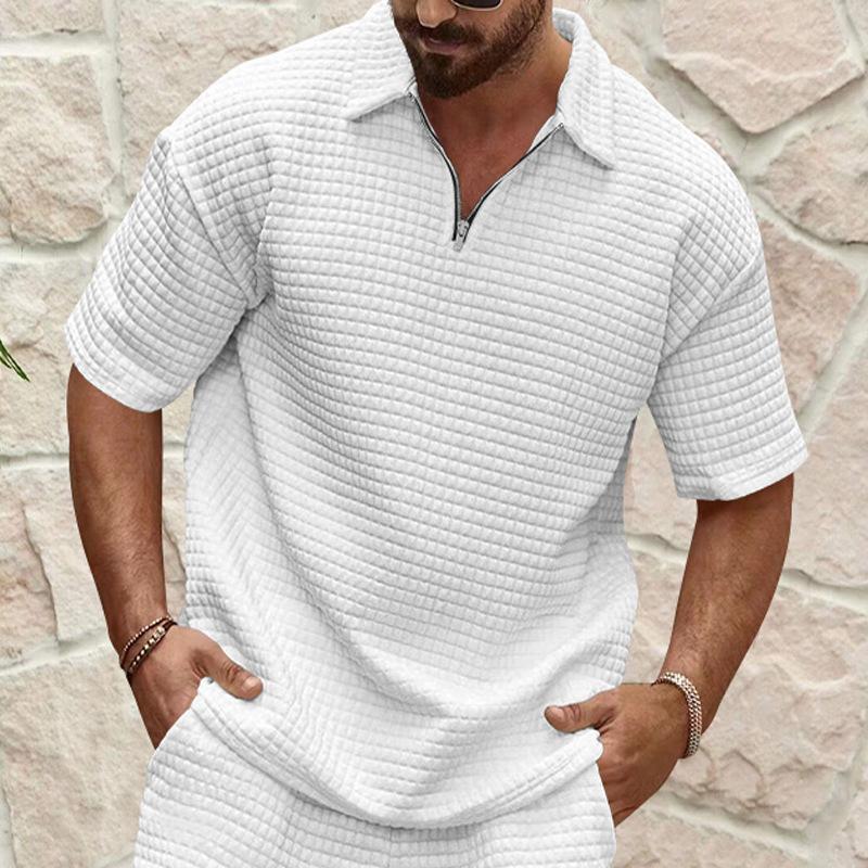 Men's Solid Color Waffle Zipper Lapel Short-Sleeved Polo Shirt 63409523Y