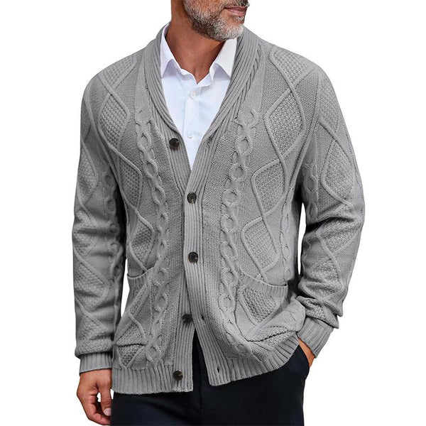 Men's Solid Color Cable Knit Lapel Single Breasted Cardigan 22316721Z