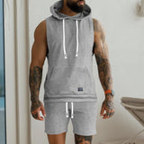 Men's Solid Color Jacquard Knitted Hooded Sleeveless Vest Shorts Two-piece Set 96326009X