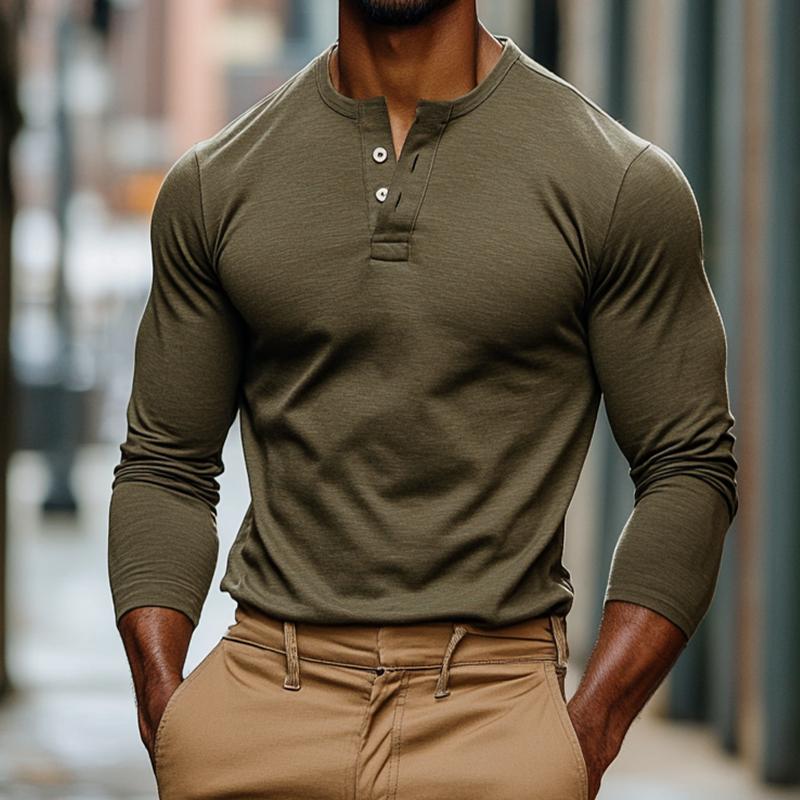 Men's Vintage Casual Solid Color Henley Neck Long Sleeve T-Shirt 94162901TO