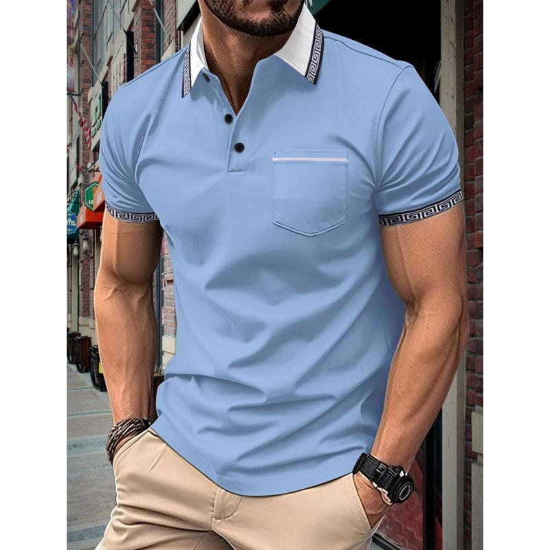 Men's Color Block Button Chest Pocket Short Sleeve Polo Shirt 38461978Y