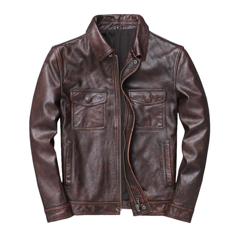 Men's Vintage Solid Lapel Leather Biker Jacket 19289177X