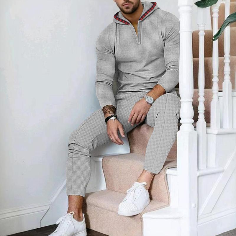 Men's Solid Color Waffle Long Sleeve Hoodie Trousers Casual Set 14339688Z