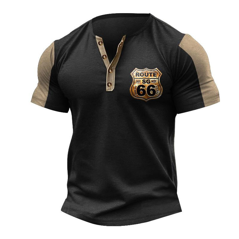 Men's Casual Henley Collar Color Block Print Short Sleeve T-Shirt 79421818M