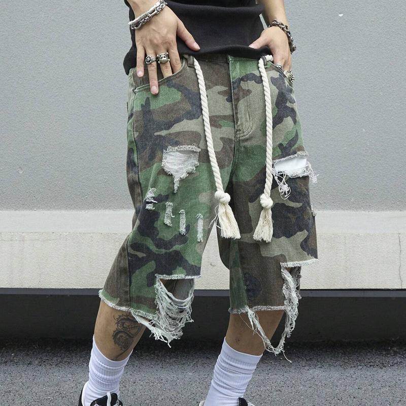 【24-hour shipping】Men's Camouflage Washed Ripped Cropped Trousers 68286396Y