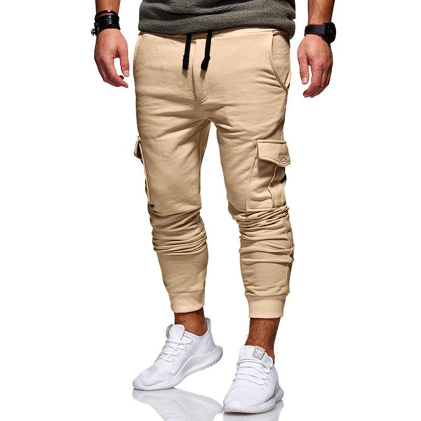 Men's Solid Color Casual Fashion Tether Elastic Multi Pocket Sweatpants 03839355X