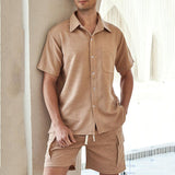 Men's Fashion Cotton Blended Lapel Short Sleeve Shirt Loose Shorts Set 55667896M
