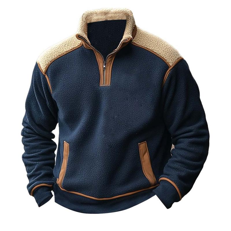 Men's Retro Stand Collar Lambswool Splicing Sweatshirt 69174461U