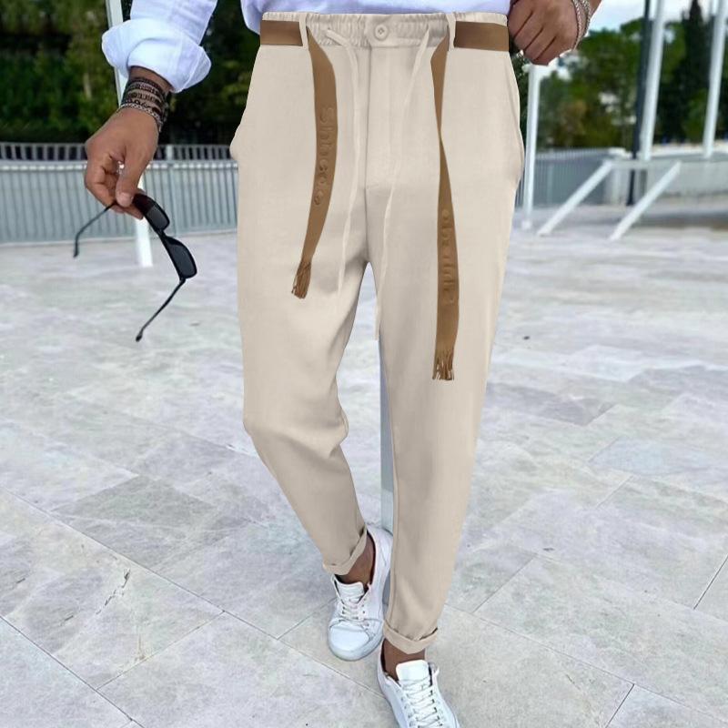Men's Solid Drawstring Elastic Waist Casual Pants (With Belt) 31299474Z