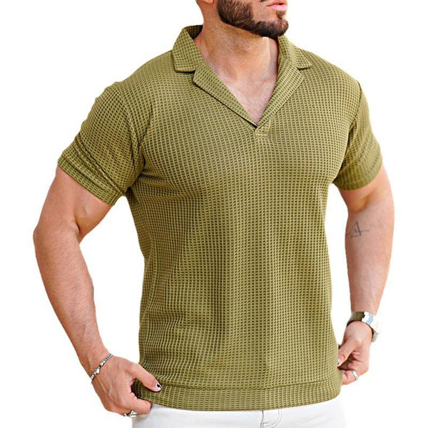 Men's Solid Waffle Lapel Short Sleeve Polo Shirt 44332084Z