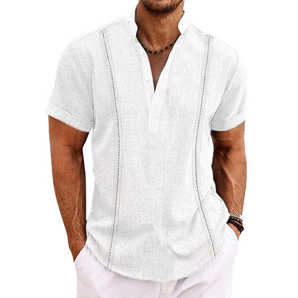 Men's Solid Color Patchwork Stand Collar Short-sleeved Shirt 28223830X