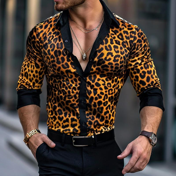 Men's Retro Leopard Color Block Lapel Slim Fit Long Sleeve Shirt 85293478M
