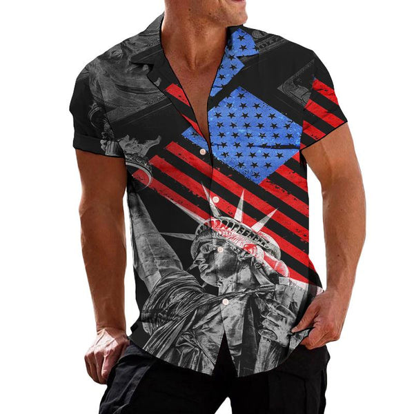 Men's Casual Liberty American Flag Lapel Print Shirt 92701781TO