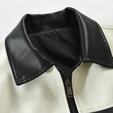 Men's Stylish Colorblock Pathcwork Lapel Leather Motorcycle Jacket 84370903M