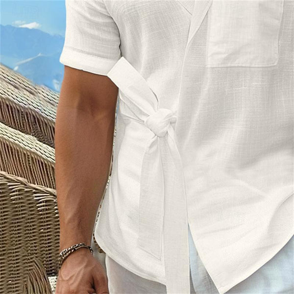 Men's Solid Cotton and Linen Short-sleeved Tie Shirt 33856631X