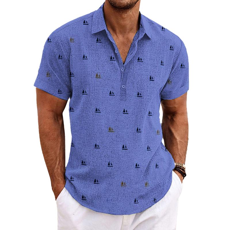 Men's Cotton and Linen Printed Lapel Short-sleeved Shirt 80351379X