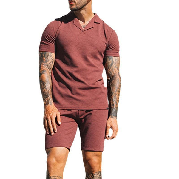 Men's Casual V-Neck Loose Lapel Short-Sleeved Polo Shirt Shorts Set 15135106M