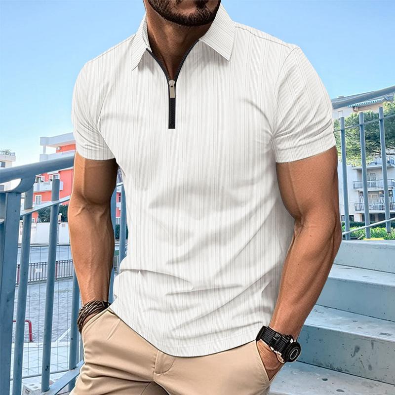 Men's Solid Color Textured Zip Short Sleeve POLO Shirt 51841284X