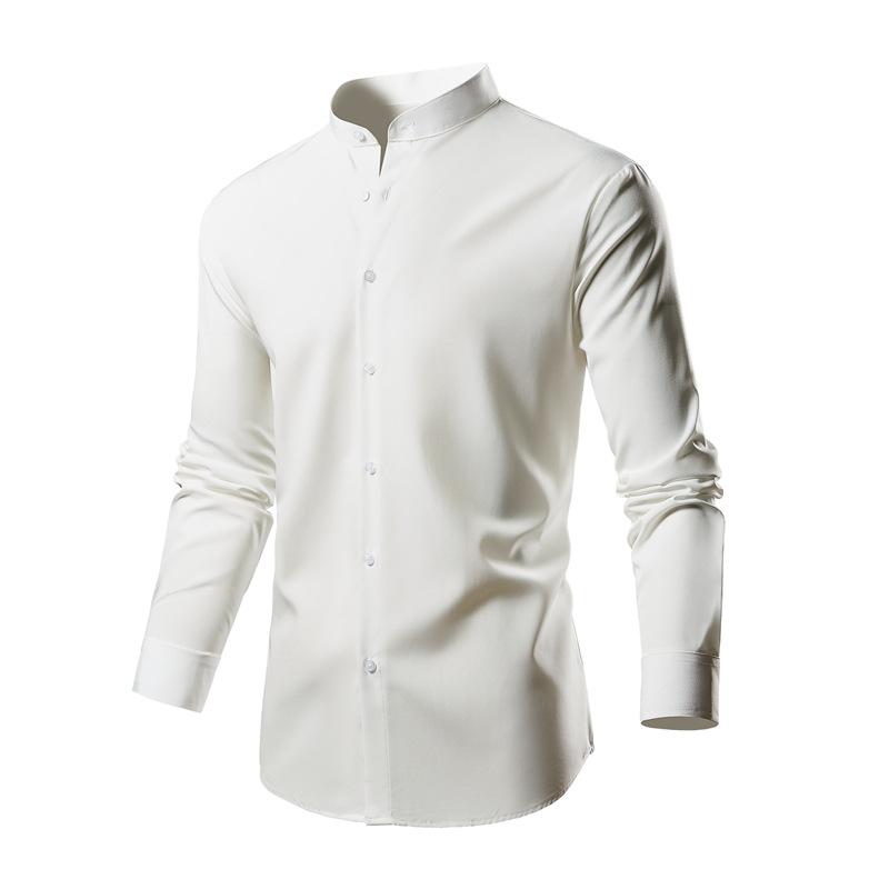 Men's Casual Solid Color Stand Collar Elastic Long Sleeve Shirt 85490907X