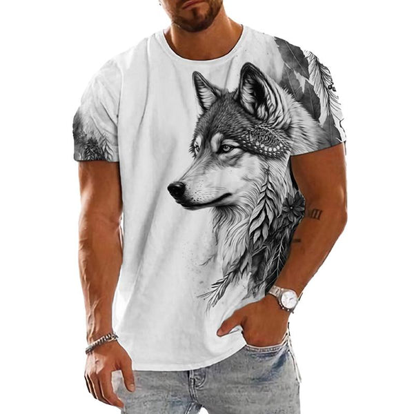 Men's Round Neck Wolf Head Print Short Sleeve T-Shirt 87507842X