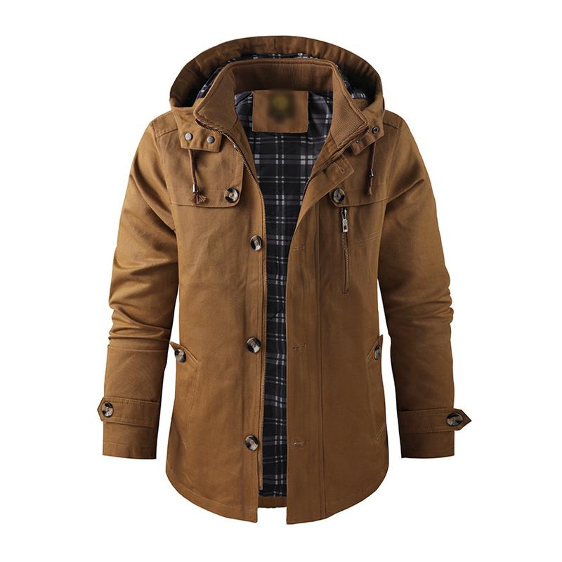 Men's Casual Washed Cotton Warm Stand Collar Hooded Mid-length Coat 52130055M